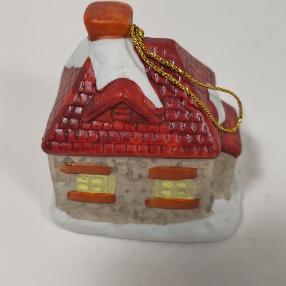 Vintage Ceramic Christmas Cottage With Bells Ornament Set - Picture 4 of 16